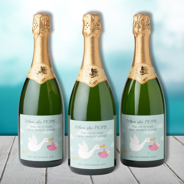 Pop It Sparkling Vin Étiquette (Cute pink stork bundle girl baby shower Pop It personalized champagne bottle labels)