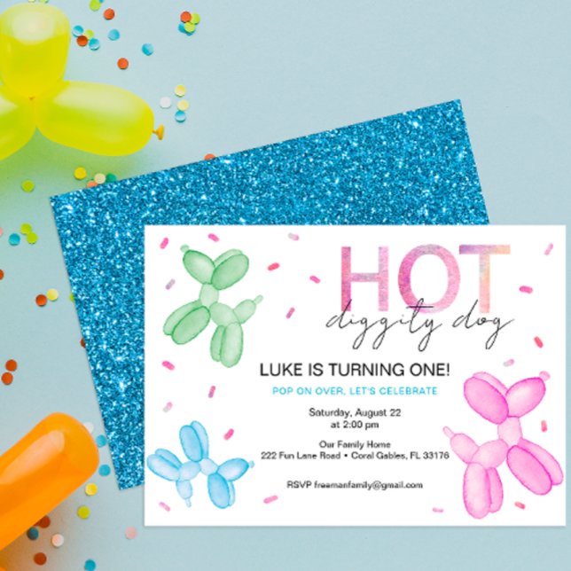 Pop On Over Bright Balloon Anniversaire Invitation (hot diggity dog balloon animals birthday party invitation for kids)