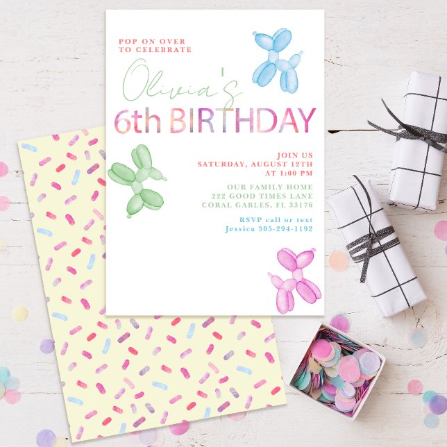 Pop On Plus 6th Birthday Balloon Invitation (watercolor balloon animal sixth birthday party invitations)