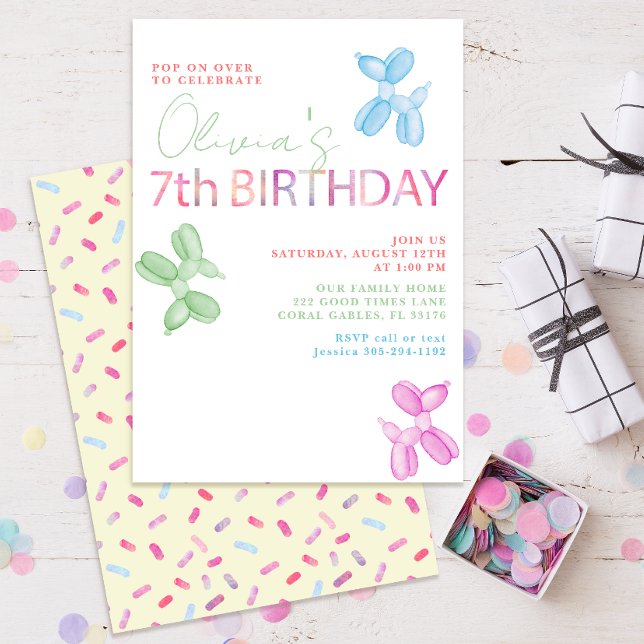 Pop On Plus 7th Birthday Invitation (cute pastel seventh birthday party invitations)