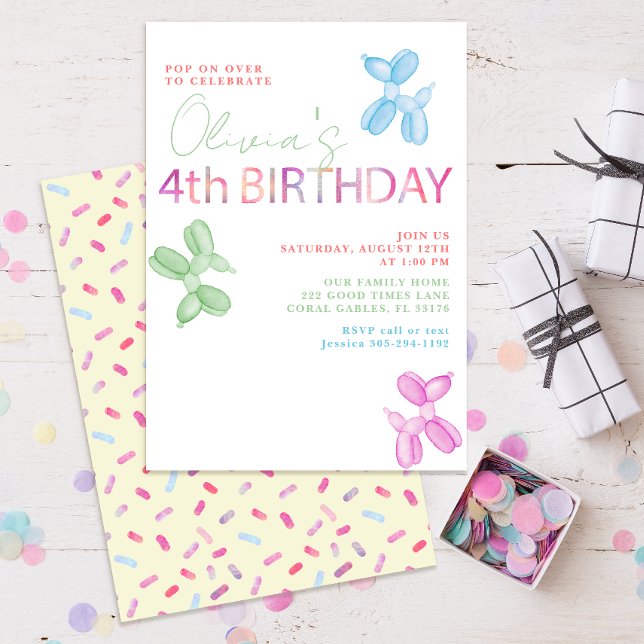 Pop On Plus De 4E Anniversaire Invitation de chien (colorful pastel fourth birthday party balloon invitation for kids)