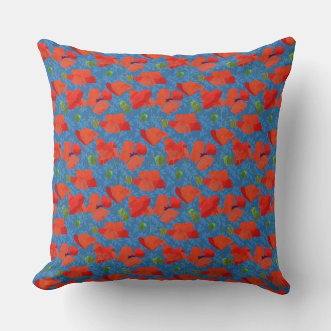 Poppies de champ écarlate sur Coussin bleu ou cous (Recto)
