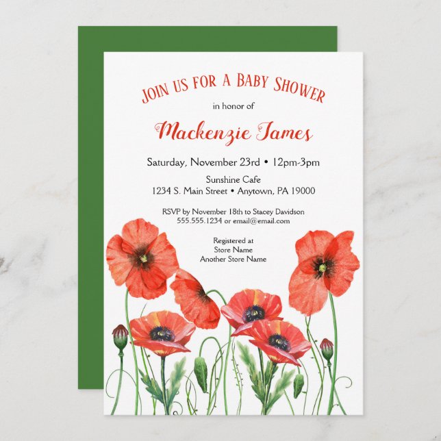 Poppies florales Baby shower Invitation Neutre (Devant / Derrière)