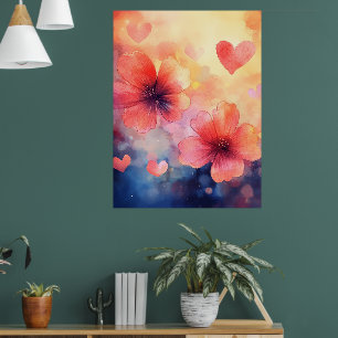 Poppies & Hearts – Affiche d'art aquarelle romanti