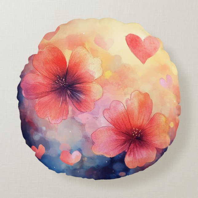Poppies & Hearts – Coussin rond en aquarelle (Devant)