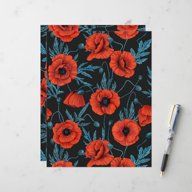 Poppies, rouge et bleu sur noir (Devant/Arrière en situation)
