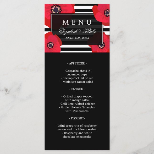 Poppies rouges et bandes noires | Menu de mariage (Devant)