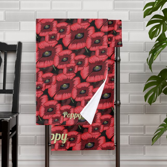 Poppies rouges modernes Serviettes de bain florale (A red and black poppy pattern bath towel set with space for your name)