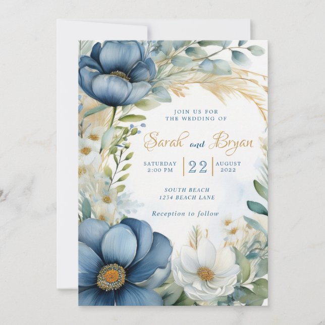 Poppy Bleu Blanc Floral Boho Faire-part de mariage (Devant)