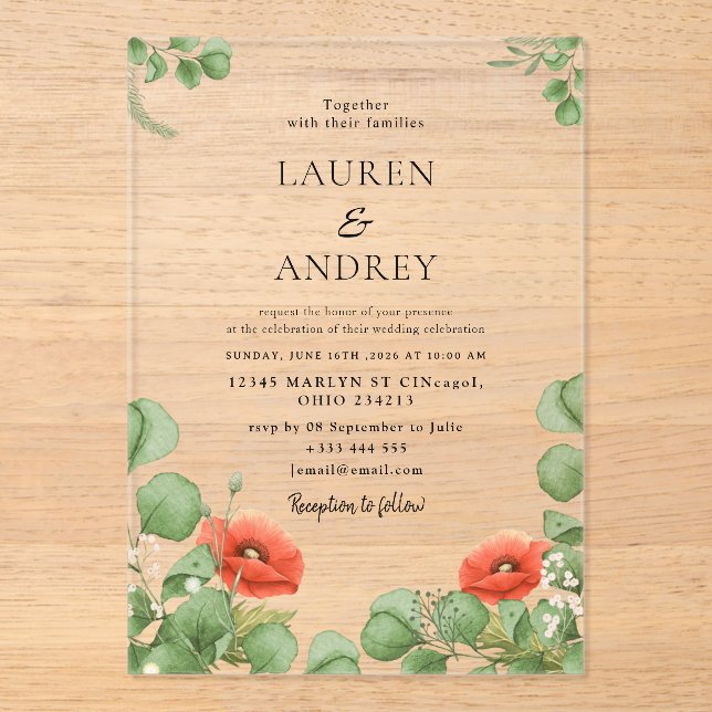 Poppy Floral Acrylic Wedding Invitation (Recto)