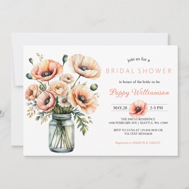 POPPY Mason Jar Invitation de la nuptiale de douch (Devant)