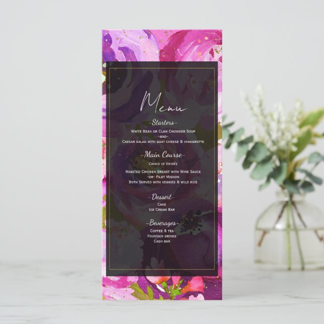 Pops de rose et violet vibre Mariage Floral Menu (Debout devant)