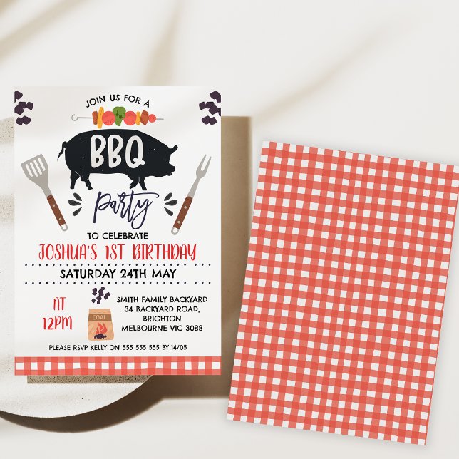 Porc Noir Roast Kebab Barbecue Invitation d'annive (Bbq birthday party invitation, Backyard Bbq Birthday Invitation, Gingham, pig roast, Summer Bbq)
