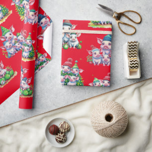 Porcs adorables sur papier cadeau de Noël rouge