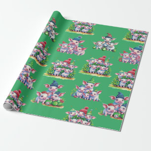 Porcs adorables sur papier cadeau de Noël vert
