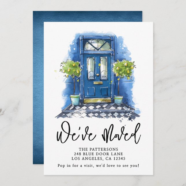 Porte bleue Aquarelle Faire-part de déplacement (Devant / Derrière)
