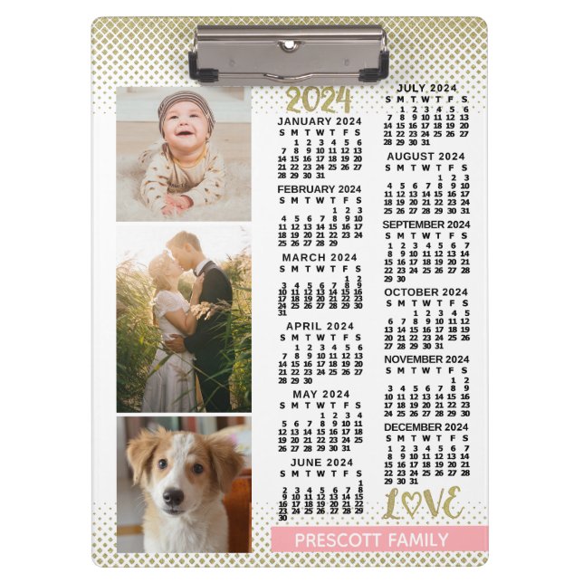 Porte-bloc 2024 Calendrier Blush Pink Gold Family Photo Colla (Devant)