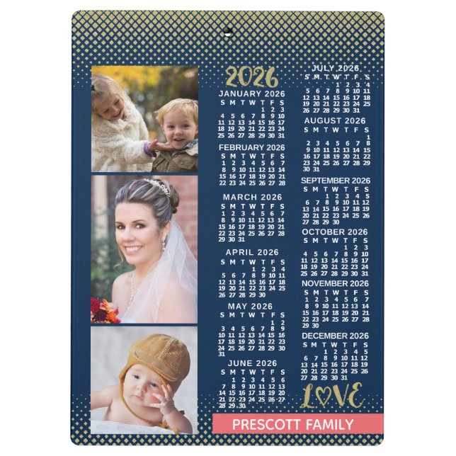 Porte-bloc 2026 Calendar Navy Coral Gold Family Photo Collage (Dos)