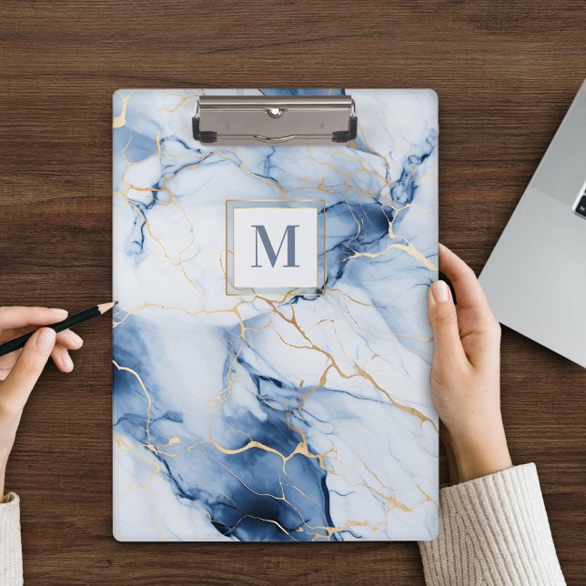 Porte-bloc à monogramme en marbre blanc bleu or (Créateur téléchargé)