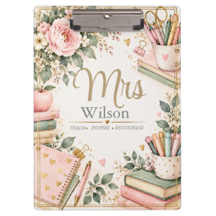 Porte-bloc à pince à monogramme floral rose pour e