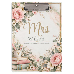 Porte-bloc à pince à monogramme floral rose pour e