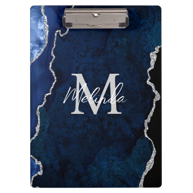 Porte-bloc Agate de marbre bleu marine et argenté (Devant)