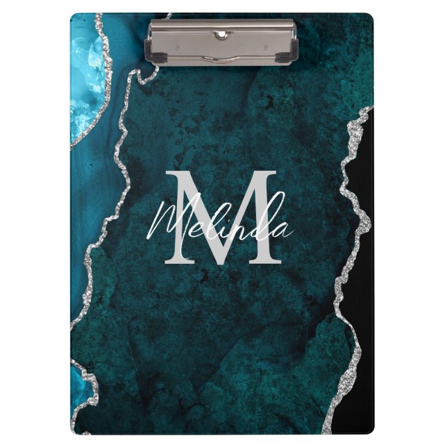 Porte-bloc Agate de marbre bleu turquoise et argenté (Devant)