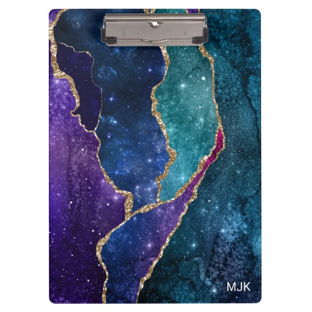 Porte-bloc Agate Monogramme Veines Or Bleu Violet Aqua (Devant)