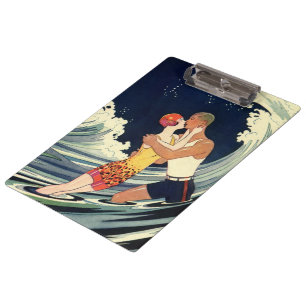 Porte-bloc Amants Art Déco vintage s'embrassant dans les vagu