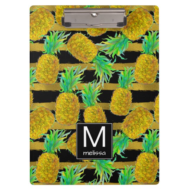 Porte-bloc Ananas d'or sur le monogramme des rayures | (Devant)