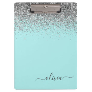Porte-bloc Aqua Bleu Turquoise Argent Paillettes Monogramme