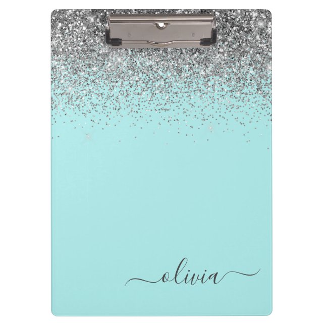 Porte-bloc Aqua Bleu Turquoise Argent Paillettes Monogramme (Devant)