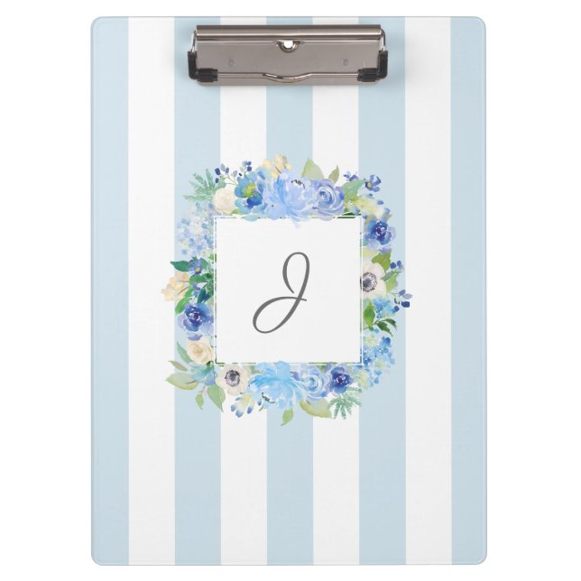 Porte-bloc Aquarelle bleue Florale et rayures avec Monogramme (Devant)