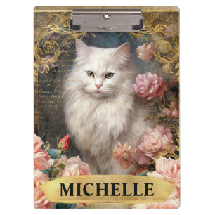 Porte-bloc Aquarelle Chat Blanc Vintage et Roses Roses