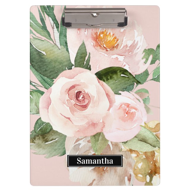 Porte-bloc Aquarelle Pastel Pink moderne Fleurs & Nom (Devant)