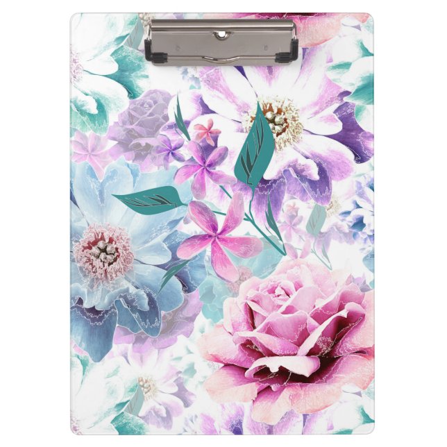 Porte-bloc Aquarelle rose, fleurs bleues. (Devant)