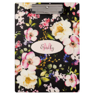Porte-bloc Aquarelle rose Roses jaunes sur noir, Monogramme