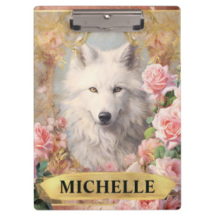 Porte-bloc Aquarelle Vintage Loup Blanc et Roses Roses