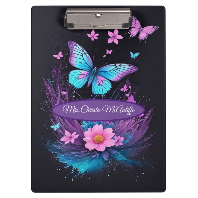 Porte-bloc beau bleu turquoise rose joli papillon fleurs (Devant)