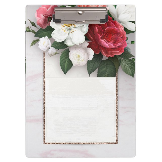 Porte-bloc Beau Design Floral (A clipboard with a floral design, featuring a mix of red, pink, and white roses with green leaves.)