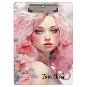 Porte-bloc Belle Femme aux cheveux roses et robe rose