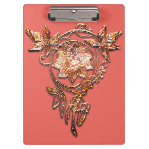 Porte-bloc Bijou art nouveau floral laiton et pêche élégant