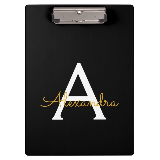 Porte-bloc Black Gold Modern Script Girl Monogramme Nom (Devant)