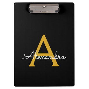 Porte-bloc Black Gold Modern Script Nom du monogramme de la f