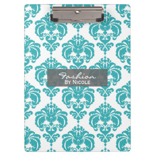 Porte-bloc Blanc Damassé Aqua Sarcelle Chic Glam Personnalisé