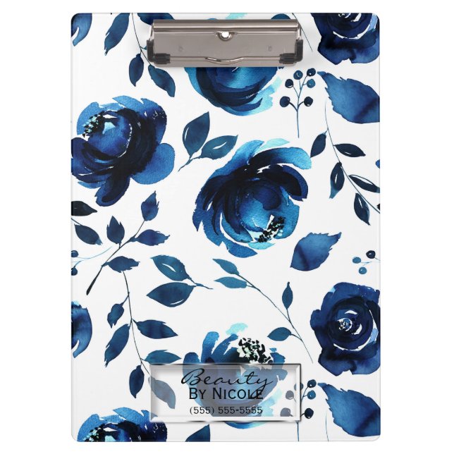 Porte-bloc Bleu Indigo Shabby Chic Glam Floral Personnalisé (Devant)