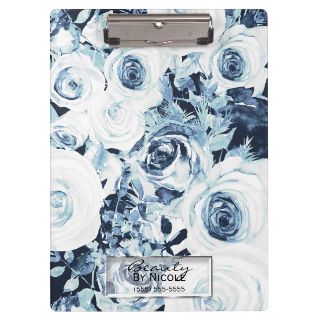 Porte-bloc Bleu & Roses Blanches Glam Floral Moderne Personna (Devant)