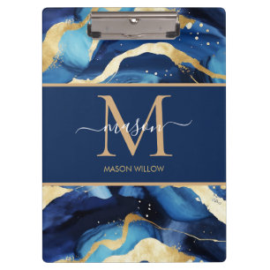 Porte-bloc Blue Gold Mable Moderne Monogramme Nom du script C