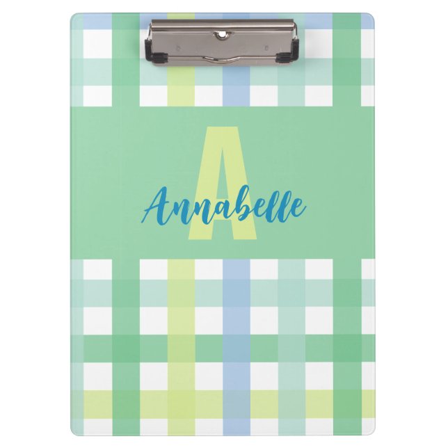 Porte-bloc Blue Green Lime Pastel Monogram En vichy Motif (Devant)