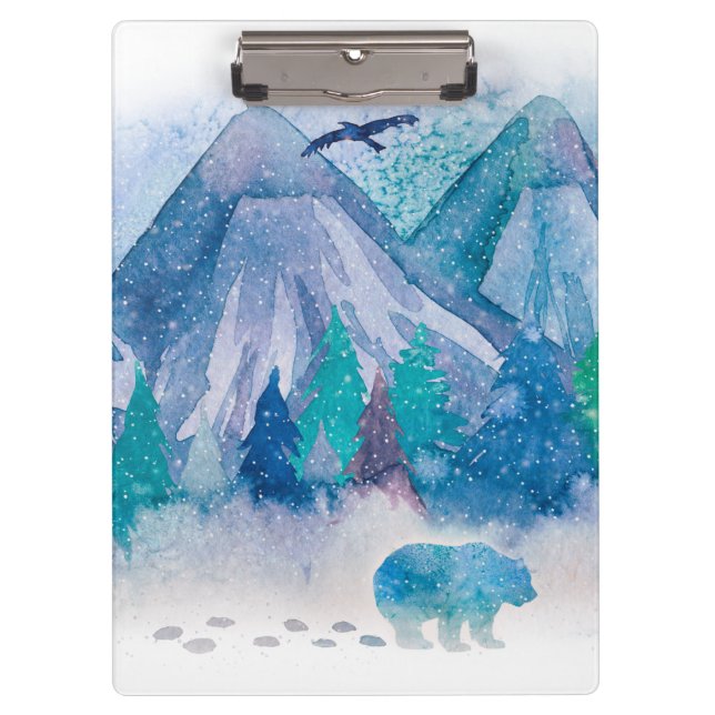 Porte-bloc Blue Watercolor Winter Mountain Landscape Art (Devant)